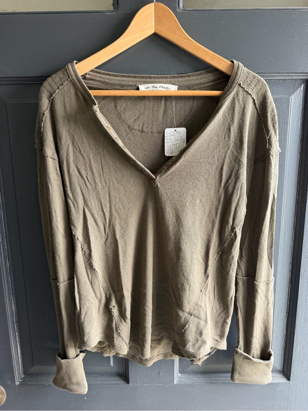 Free People Olive Raw-Edge V-Neck Long Sleeve Top